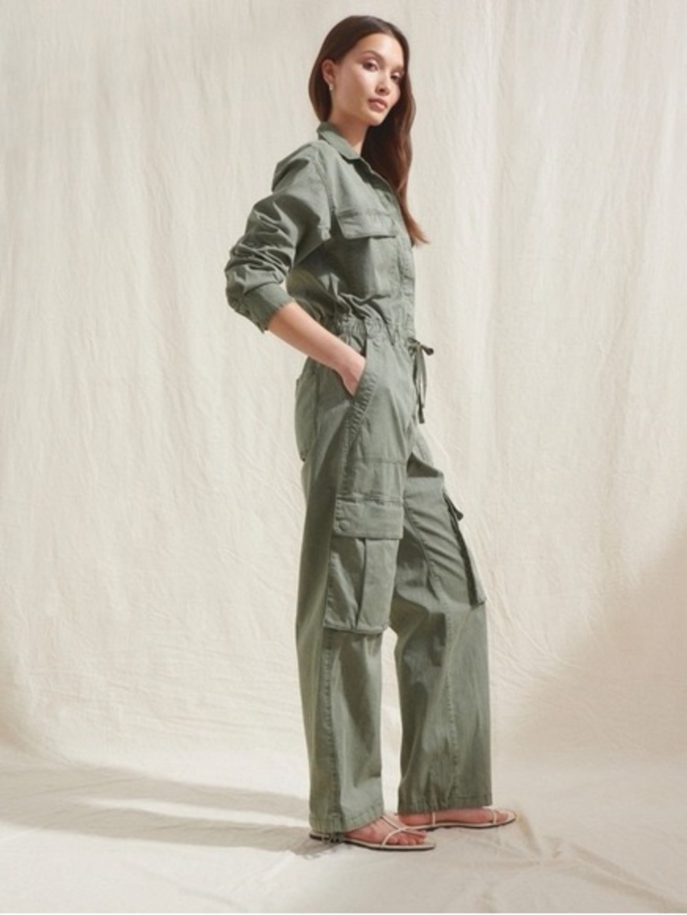 Abercrombie & Fitch Olive Green Button-Front Utility Cargo Jumpsuit